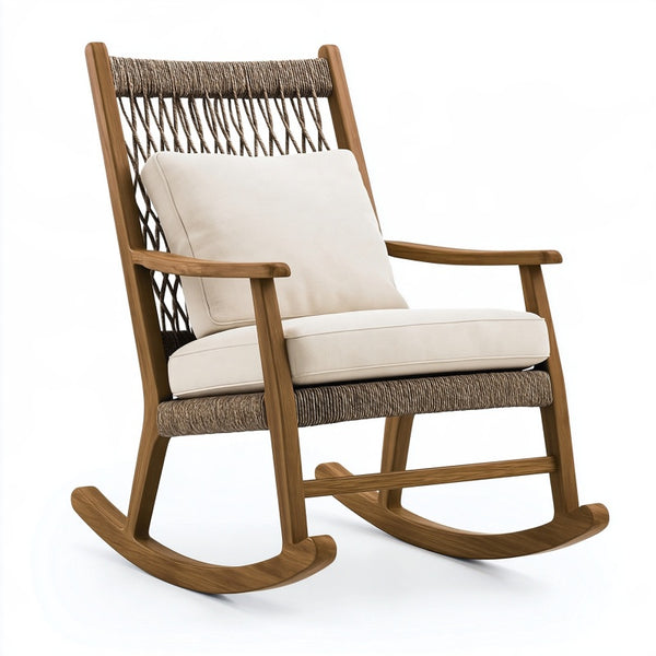 Poltrona a dondolo 100 x 70 x 105 cm in legno marrone con corda intrecciata e cuscini color crema