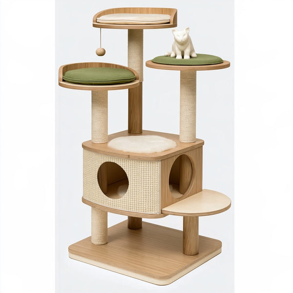 Albero tiragraffi per gatti 60 x 60 x 150 cm in legno beige e verde con sisal e cuccia multilivello