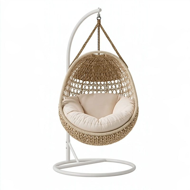 Poltrona sospesa 95 x 95 x 195 cm in fibra intrecciata beige con supporto in metallo per relax