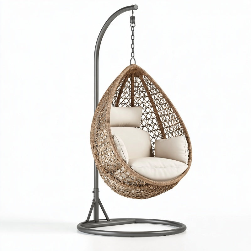 Poltrona sospesa 105 x 105 x 195 cm in rattan naturale e acciaio grigio per relax con supporto