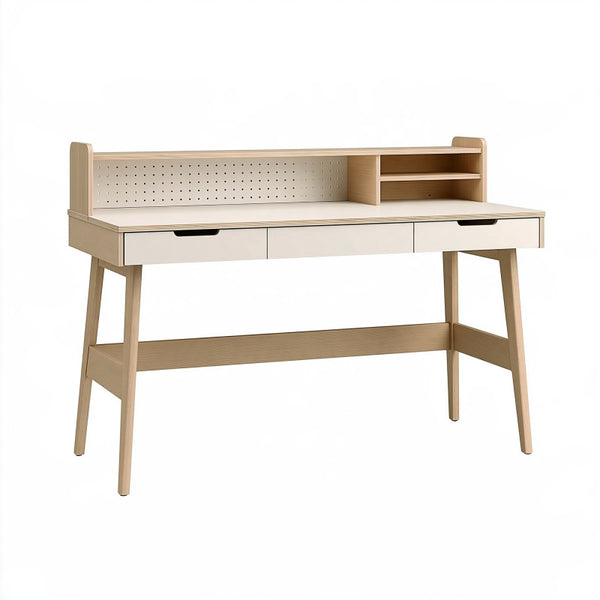 Scrivania 120 x 60 x 105 cm in legno beige e bianco con cassetti e pannello portautensili