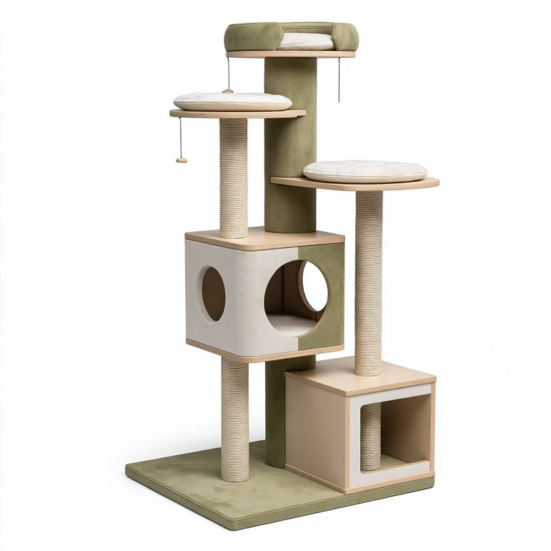Tiragraffi per gatti 60 x 50 x 155 cm in legno beige e verde con sisal e cucce