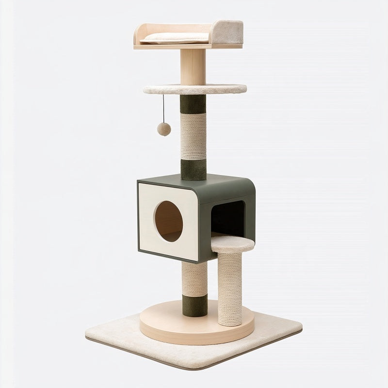 Albero tiragraffi per gatti 60 x 60 x 150 cm in legno beige e verde con sisal e cuccia