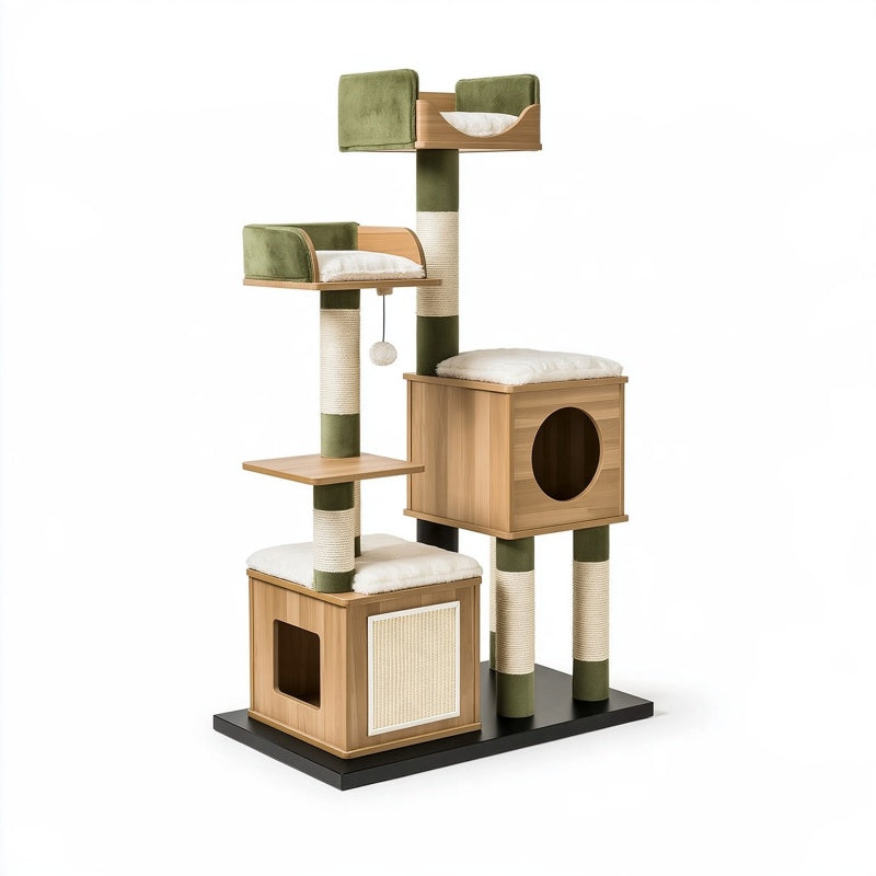 Tiragraffi per gatti 60 x 50 x 170 cm in legno verde con pali in sisal e cucce