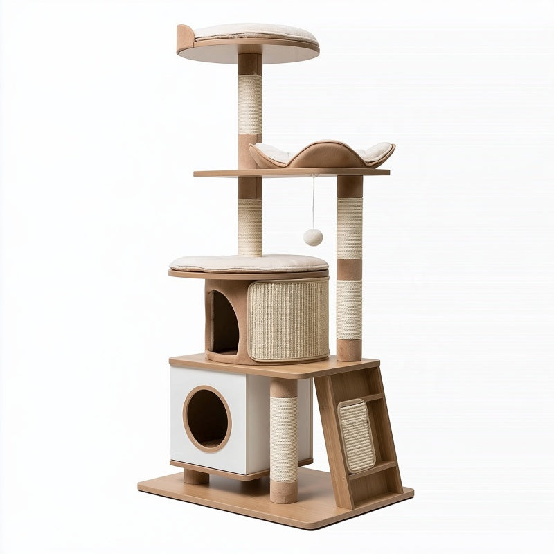 Albero tiragraffi per gatti 60 x 50 x 170 cm in legno beige con tiragraffi e cucce