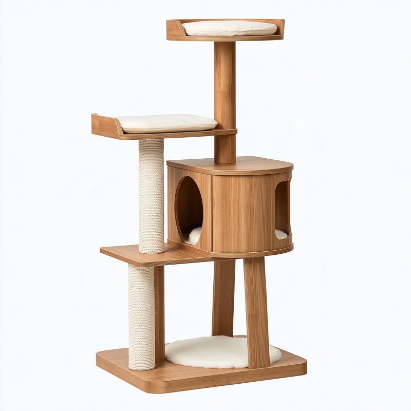 Tiragraffi per gatti 60 x 50 x 145 cm in legno marrone con sisal e cuccia multilivello
