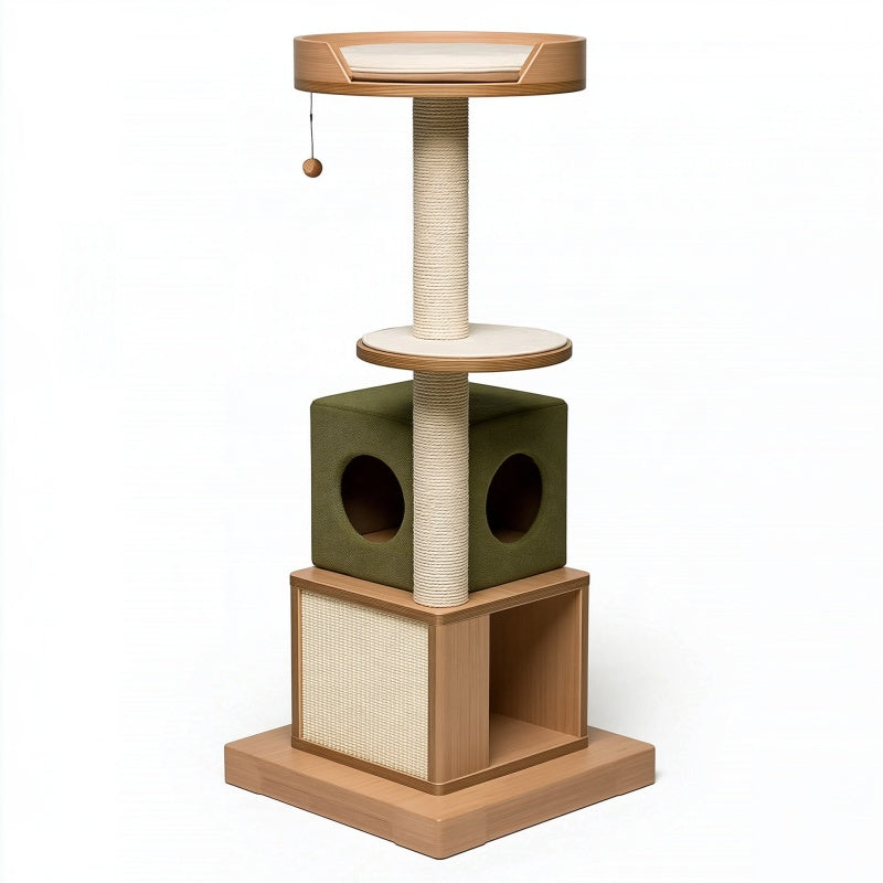 Tiragraffi per gatti 50 x 50 x 150 cm in legno beige e verde con cuccia piattaforme e colonne in sisal