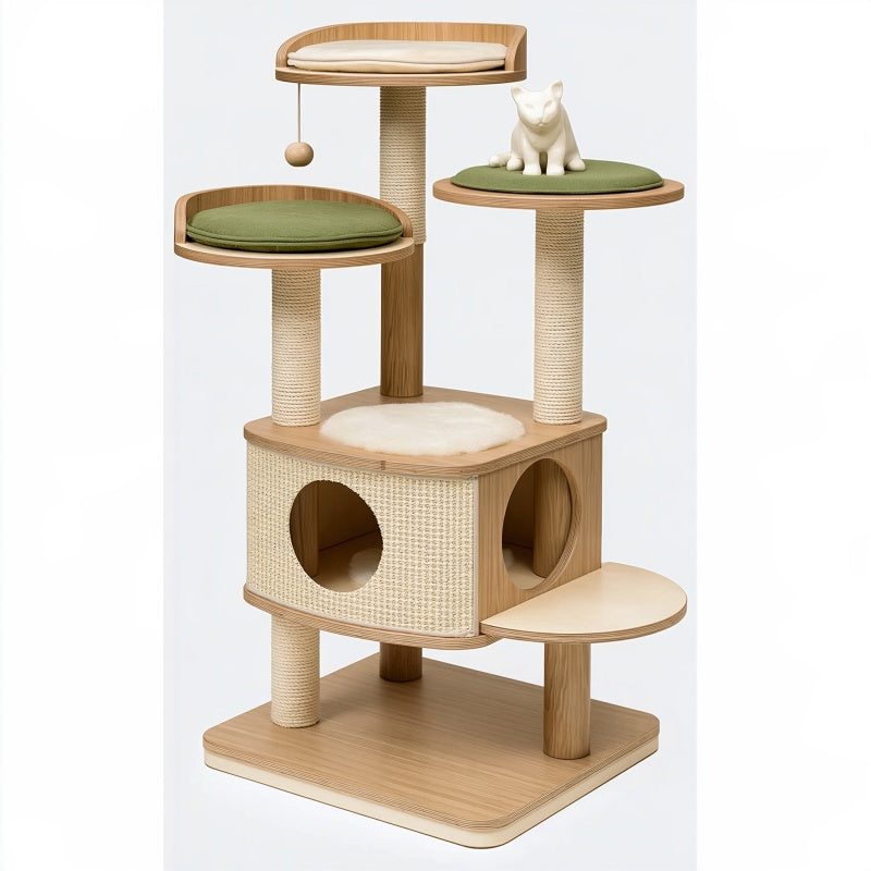 Albero tiragraffi per gatti 60 x 60 x 150 cm in legno beige e verde con sisal e cuccia multilivello